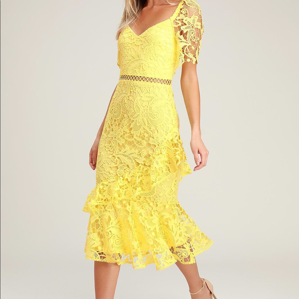Yellow Lace Ruffle MIDI Dress